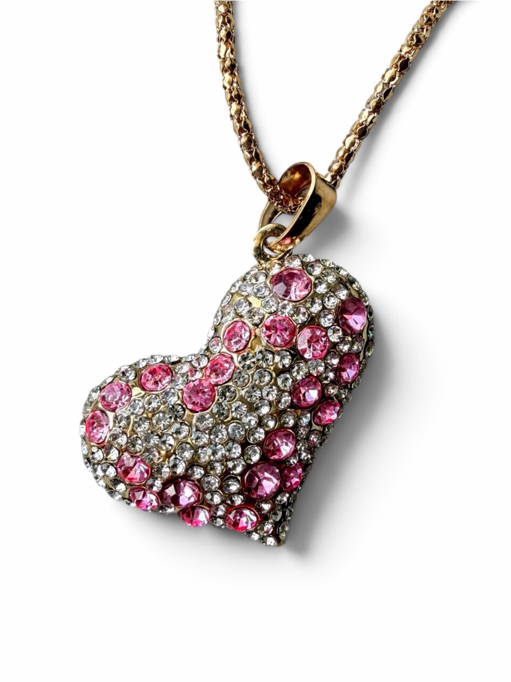 Betsey Johnson Sparkling Pink and Clear Crystal 3D Heart Pendant Necklace